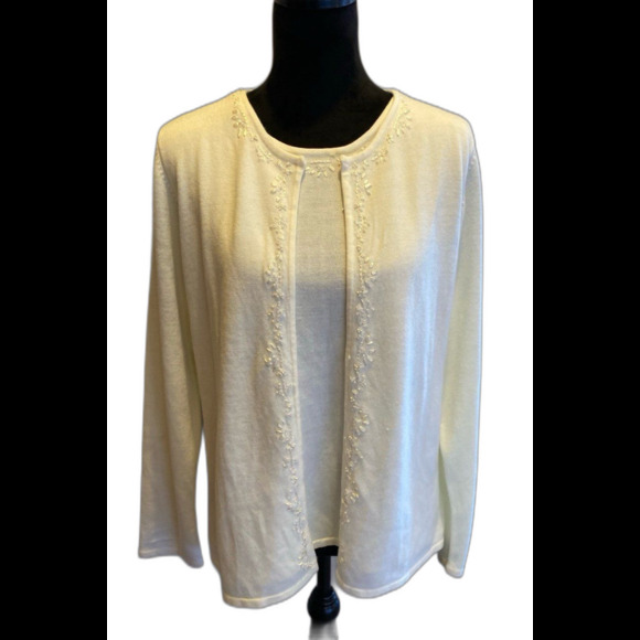 Croft & Barrow Cardigan Sweater Sz Large Attached Jacket Cream Embroidered Edge - Picture 4 of 12